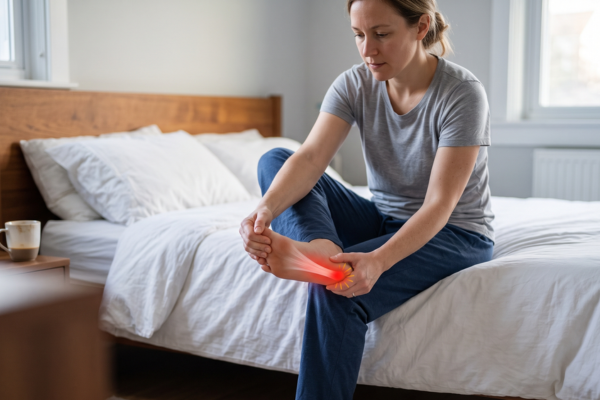Morning Heel Pain From Plantar Fasciitis — First-Step Pain at Rest | Foot & Ankle Centers of New Jersey Woman seated on the edge of a bed holding her foot with a highlighted red area indicating plantar fasciitis heel pain, representing the sharp first-step pain characteristic of the condition in the morning