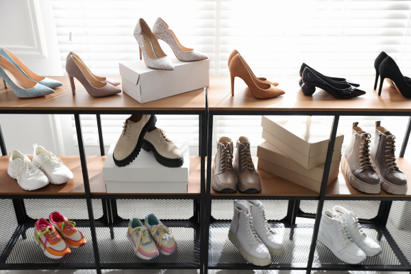 A multi-level retail shelving unit displaying a variety of footwear, including high-heeled pumps, platform boots, and athletic sneakers, representing the wide selection of shoes a consumer must evaluate for proper arch support and heel stability.