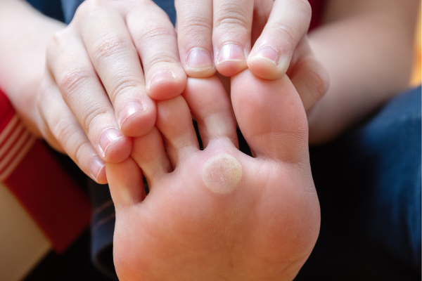 Close-up view of a person holding their foot to inspect a painful, circular hard corn with a dense central core located on the ball of the foot.