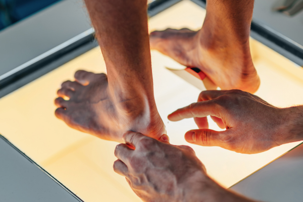 Podiatrist examining a patient's bare feet standing on an illuminated digital scanning light box during the custom orthotic fabrication process at Foot & Ankle Centers of New Jersey